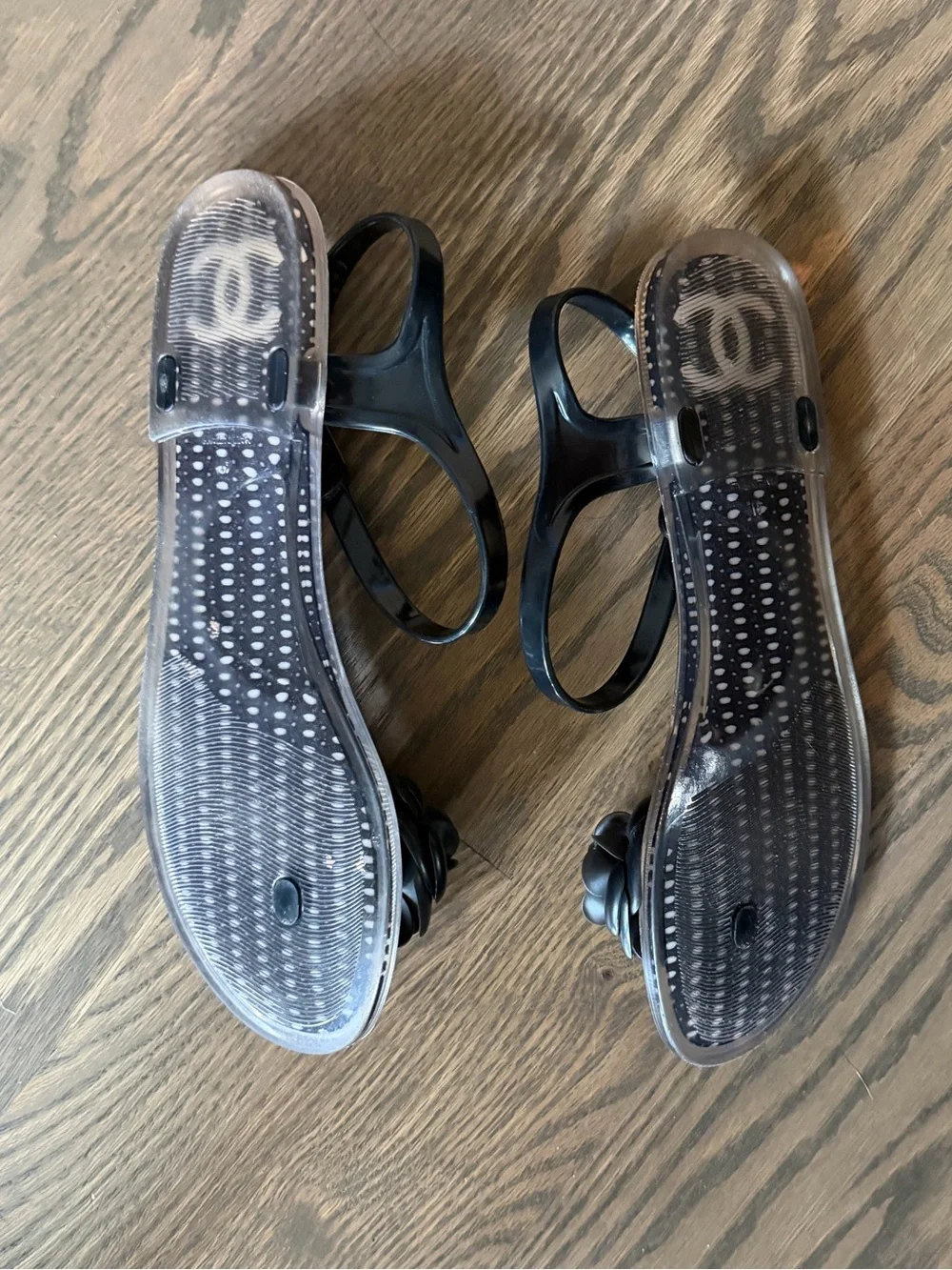 CHANEL Black Camellia Jelly Thong Sandals - Women